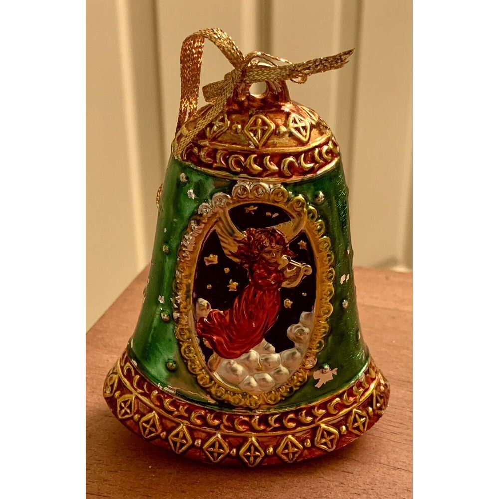 Vintage Glass Angel Red, Green & Gold COLORED BELL Ornament Rare